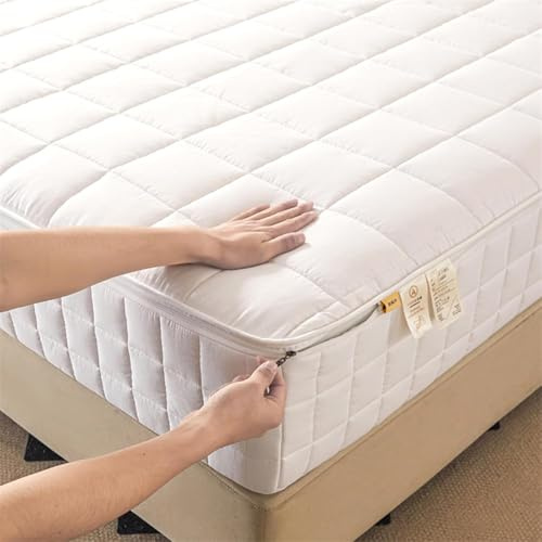Coprimaterasso Matrimoniale Personalizzabile con Cerniera, coprimaterasso Morbido e Traspirante con Cerniera, coprimaterasso Antipolvere-White- 180x200+25cm