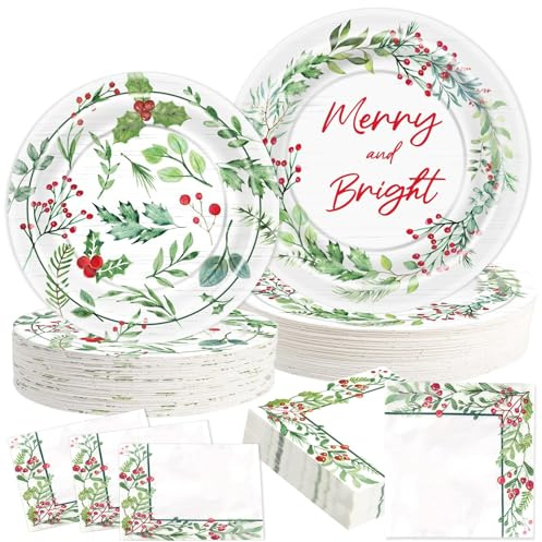 OuMuaMua 150Pcs Christmas Paper Plates and Napkins Disposable Dinnerware Set, 9/12 Holly Berries Tableware Set for Christmas Winter Wonderland Holiday Wedding Baby Shower Party Supplies, Serve 50