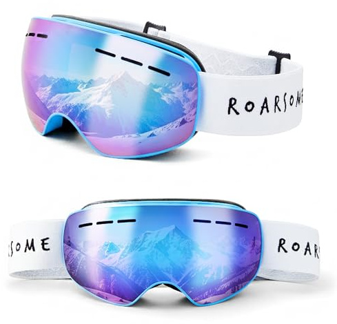 Roarsome Kids Ski Goggles – Anti-Fog Snowboard Goggles with UV Protection, OTG Design, and Adjustable Strap for Boys and Girls - Blue