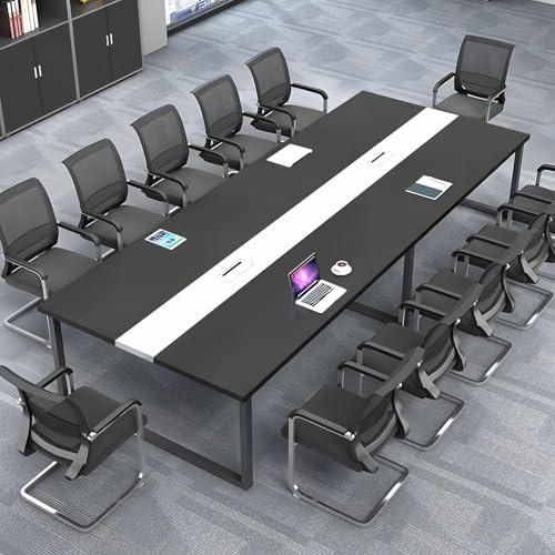 ZRBDDEF Grande Tavolo Riunioni Ufficio – Tavolo Conferenza Moderno con Passacavi,Struttura in Metallo Robusta,Design Rettangolare Nero-Bianco per 8–12 Persone (senza sedie)