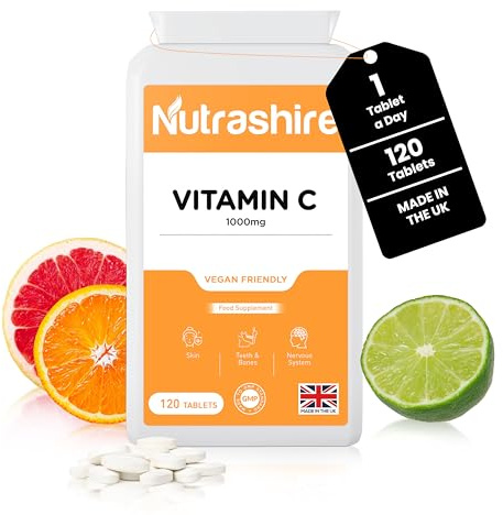 High Strength Vitamin C 1000mg – 120 Vegan Tablets – Gluten Free Vitamin C Supplements for Skin, Bones, Teeth, Fatigue and Immune Support – Made in The UK