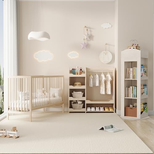 Kebnor Kinder-Kombi-Möbel: Multifunktionales Holz-Babybett + Schrank + Drehbares Bücherregal, Jugendzimmer-Möbelset, Multifunktionale Möbelkombination, Naturfarben(140x60x90cm+63x63x42cm)