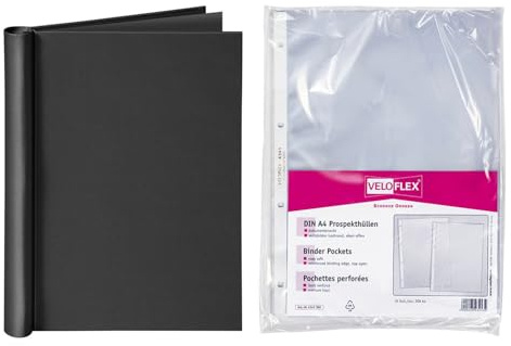 VELOFLEX A494438 - Klemmbinder DIN A4 Schwarz, inkl. 10 Prospekthüllen glasklar, Klemmbinder für bis zu 150 Blatt