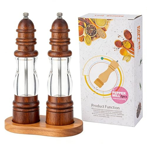 Kit de Moulin à Sel et à Poivre avec Socle en Bois Massif, Manuel Moulin à Sel & Poivre Granulés grossiers et fins réglables, Classique Rétro Forme de Phare, pour Cuisine Cuisson Restaurants Barbecues