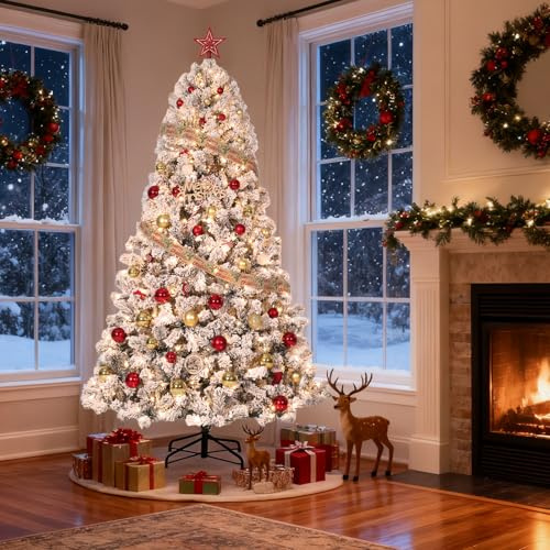 140cm Künstlicher Weihnachtsbaum mit Schneeflockenmuster und Beleuchtung, 340 Zweigspitzen, warmweiße Lichter, Schnellaufbau inklusive Ständer, für drinnen und draußen
