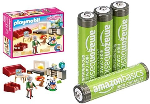 PLAYMOBIL Dollhouse Wohnzimmer, mit Lichteffekt, 4+ Jahre, & AAA Akkus Amazon Basics 4 Stück, 850mAh