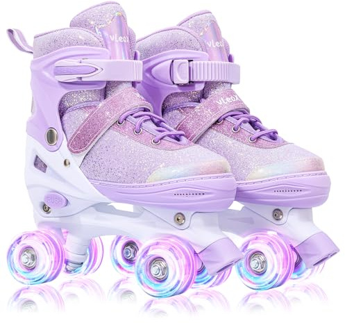 Vleox Kids Roller Skates for Girls Boys 4 Size Adjustable 8 Light Up Wheels Quad Skates for Ages 3-12 Toddler Beginners Indoor and Outdoor