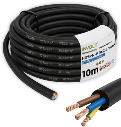 INVOLT Cavo di prolunga CEE, 10 m, H07RN-F 3G2,5 mm², cavo flessibile in gomma con conduttore di protezione, per esterni, cantieri, certificato VDE