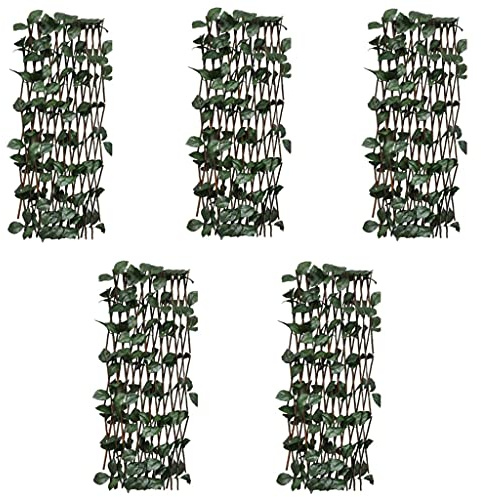 Owoxanthellate 5er-Set ausziehbares Weiden-Rankgitter 180 x 60 cm mit künstlichen Blättern, wetterfester Gartenzaun in Braun und Grün, platzsparend für Balkon Terrasse und Hunde Auslauf