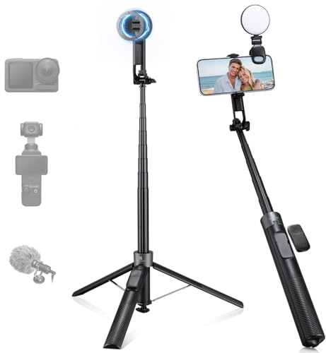 K&F CONCEPT 180cm 3en1 Trípode Palo Selfie Magnético Automático para Móvil | Con Luz De Relleno, Mando Remoto, Compatible Con iPhone 12-17, DJI Osmo Pocket 3/4+Insta360 Luna Ultra -X97C6
