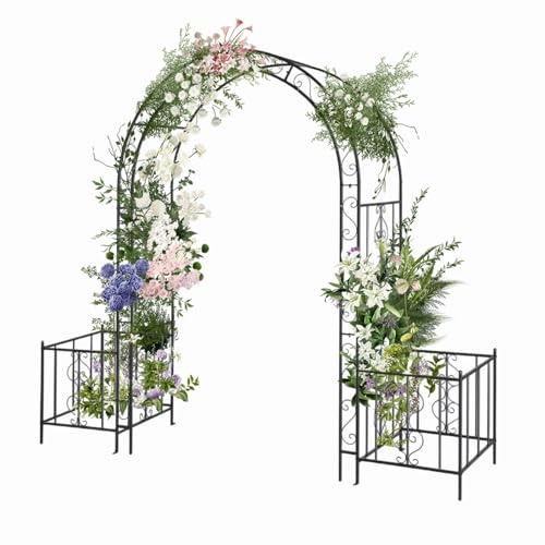 Bonnlo Rosenbogen Metall mit 2 Pflanzkasten, Stabil Wetterfest Rankhilfe aus Pulverbeschichtetem Stahl, Rankgitter für Garten, Rosen,Plantzen,234cmx204cm,Schwarz(Kuppeldach mit Pflanzkasten)