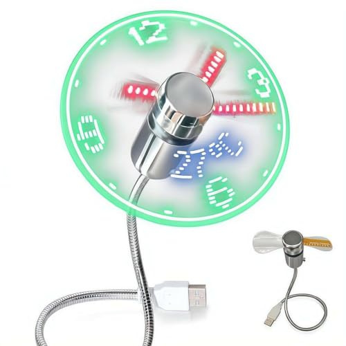 LED USB Clock Fan with Temperature Display, 5V Mini Cooling Flashing Fan Flexible Gooseneck Real Time Display for Laptop PC Notebook, Cool Tech Gadgets for Men Office Home
