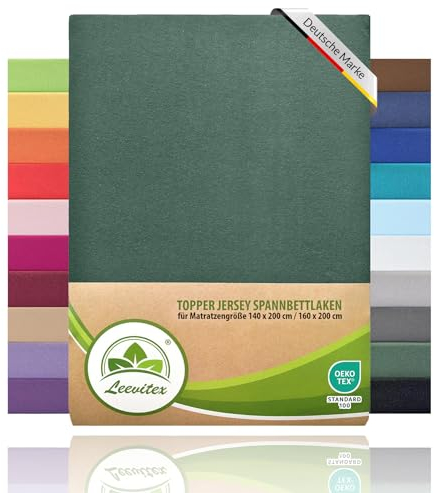 leevitex Topper Boxspringbett Spannbettlaken | 100% Baumwolle | Ökotex | 125 g/m² | 140x200cm - 160x200cm |Dunkelgrün/Tannengrün | 18 cm Steg