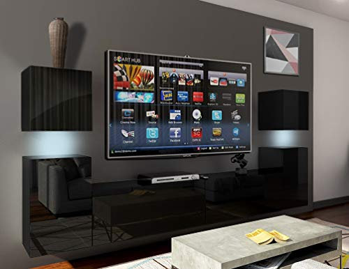 Furnitech Wohnwand Wohnzimmer - Wohnzimmer Möbel mit LED Weiß - Hängend Wohnwand Modern Schrankwand mit Regale und TV Schrank (Future 32/HG/B/1 1B)