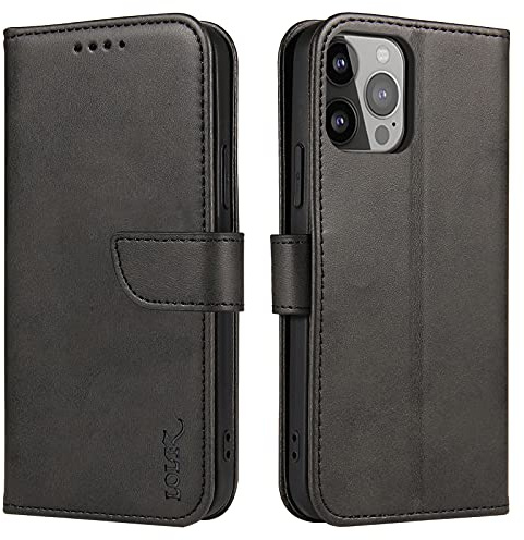 LOLFZ Wallet Case for iPhone 13 Pro Max, Vintage Leather Book Case with Card Holder Kickstand Magnetic Closure Flip Case Cover for iPhone 13 Pro Max - Black