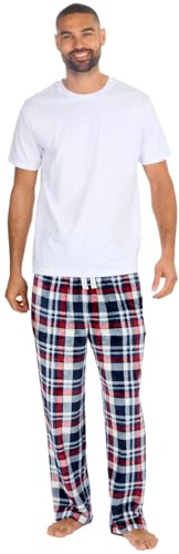 Pijama de manga corta para hombre conjunto de algodón rico top cepillado de forro polar parte superior pantalones de PJ, Blanco - Borgoña, L