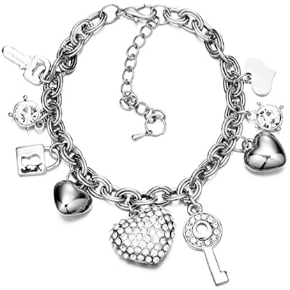 Caiyao Love Heart Key Lock Star Crystal Bracelet Bangle Adjustable Chunky Thick Rhinestone Bead Link Chain Bracelet for Women Valentine's Day Jewelry Gift-C heart silver