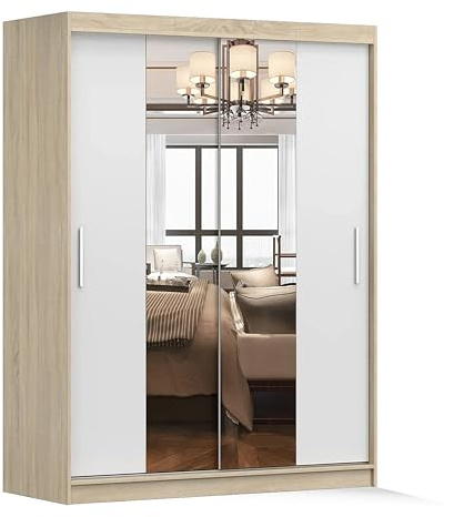 Fabryka Mebli Idźczak Kleiderschrank mit Spiegel, Schiebetüren - Schwebetürenschrank, Schlafzimmerschrank - ‎61 x 150 x 200 cm - Schrank für Schlafzimmer, Ankleidezimmer, Garderobe - Weiß, Sonoma