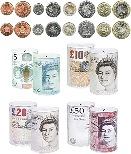 Karrma Ltd. Money Tin Pound Notes Design (15–22cm) | Metal Savings Bank for Coins & Cash | Secure Money Box for Holiday, Birthday & Christmas Fund | £5 £10 £20 £50 Print | Assorted Design