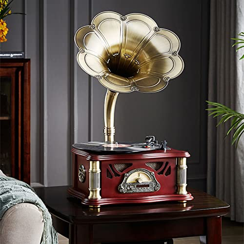 Record Player Retro, Retro Gramophone,Support Vinyl Record,3-Speed 33/45/78, 7/10/12 vinyl records, Copper Horn Built-in Independent Subwoofer 3.5mm Aux-in/USB/FM,A