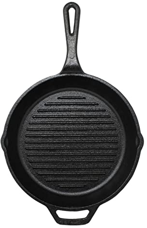 GK Global Kitchen Cast Iron Griddle Pan Skillet Round Cast Iron Grill Pan Frying Fry Pan Saute Pan Curry Pan Heavy Duty Hob StoveTop Cookware, Black, 26cm (Grill Pan 10”X2”)