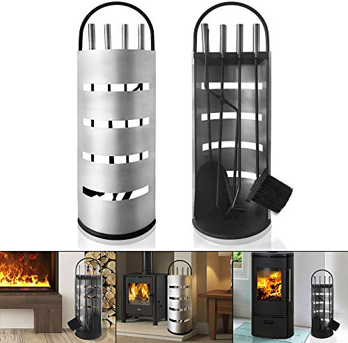 LARS360 Accessori per Camino Kit Camino da 5 Pezzi, in Acciaio Inox, Inclusa Scopa, Pala per Cenere, Gancio, Pinza, Supporto Con Protezione da Sguardi Indiscreti in Acciaio Inox