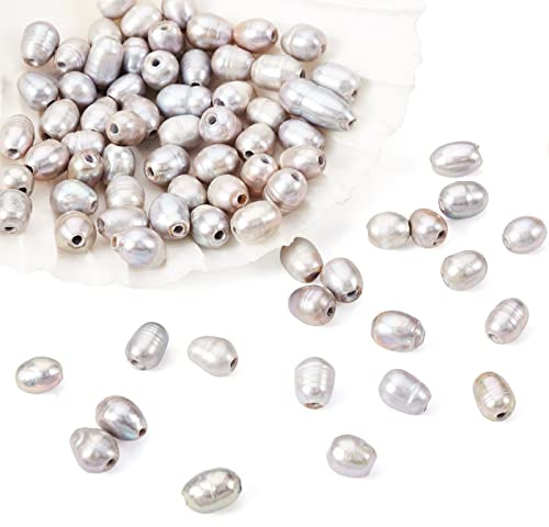 Beadthoven 100pcs 7-10mm Natural Cultured Freshwater Pearl 1.8mm Large Hole Rice Oval Pearl Beads for DIY Necklace Bracelets Beading Jewelry Crafts Making, Gray