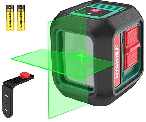 HYCHIKA Kreuzlinienlaser Grün, Selbstnivellierend Linienlaser 15M, Horizontal/Vertikal Wasserwaage Laser mit Magnethalterung, Verriegelter Zustand, 2 x AA Batterie, zur Dekoration u DIY