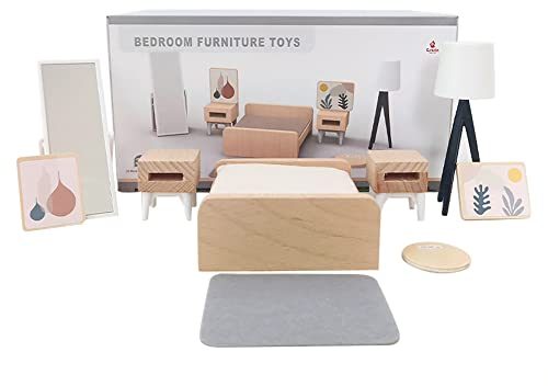 BYNYXI Puppenhaus Möbel Schlafzimmer Holz, Miniatur Hauseinrichtung Puppenhaus Mini Möbel und Zubehör Puppenküche Wohnzimmer Schlafzimmer Badezimmer Holzspielzeug für Mädchen ab 3+ Jahren