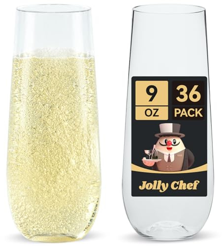 JOLLY CHEF 36 Pack Stemless Plastic Champagne Flutes 9 oz, Crystal Clear Stemless Plastic Toasting Glasses, Clear Disposable Unbreakable Drinkware Ideal for Wedding, Birthday, Party, Thanksgiving