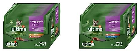 Ultima Comida Húmeda para Gatos con Pollo y Salmón, 4 x 85 gr x 12 (4.08 kg) & Comida Húmeda para Gatos con Buey y Atún, 12 x (4 x 85 gr), 4080g