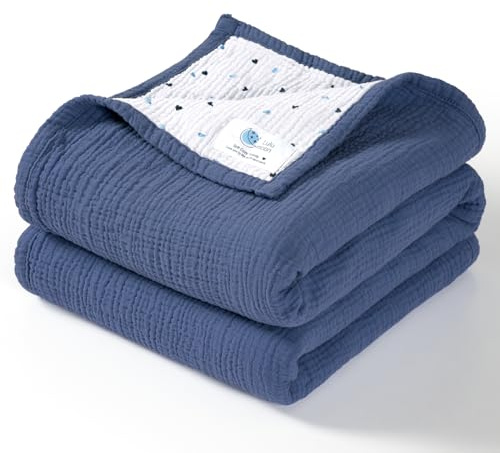 lulumoon Muslin Baby Blanket for Boys: Soft Cotton Toddler Blanket for Daycare - Reversible Lightweight Crib Bedding for Stroller & Travel 47x47(Blue)