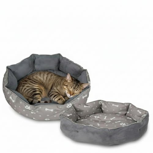 Mucola Katzenbett Hundebett waschbar mit Wendekissen Ø 60 cm Grau | Wasserabweisender Boden, Plüsch- und Glattstoffseite, erhöhter Rand als Kopfstütze, für kleine Hunde, pflegeleicht