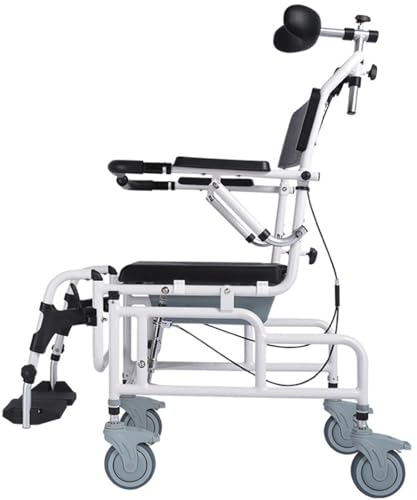 Toilettenstuhl für Senioren mit Rollen,Nachtstuhl für Erwachsene,Commode Toilet Chair for Bedroom,Hydraulische Rückenlehnenverstellung,Die Armlehnen sind hochklappbar,Dusch A