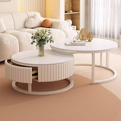 HEcSHENG Modern Round White Coffee Table with Storage Drawers, Stylish 2-In-1 Set for Living Room, Easy Assembly, Durable Metal Frame