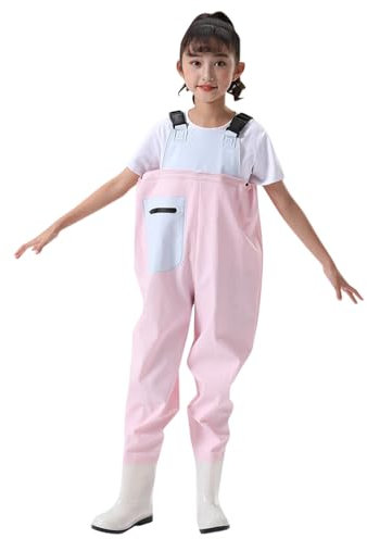 Wathose Kinder Wasserdicht mit Stiefel Kinderwathose Matschhose Jungen Anglerhose mit Stiefel Mädchen Regenhose mit Stiefeln Junior Hosenträger Matschhose Regenstiefel rutschfeste Sohle Gummistiefel