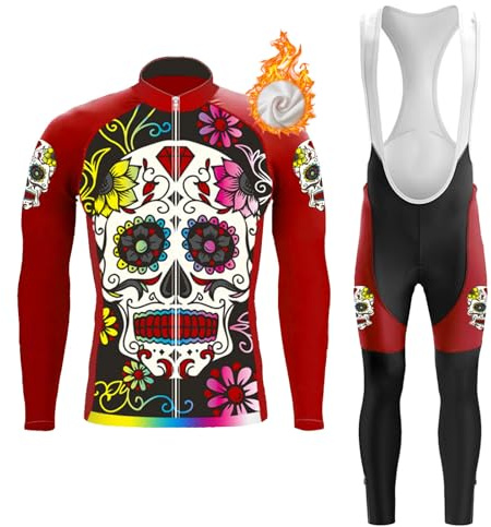 Abbigliamento Ciclismo Uomo Invernale Completo Bici MTB Tuta Ciclista Termico Vello,Maglietta Bicicletta Giacca Manica Lunga e Salopette Pantaloni con 19D Gel Imbottiti,Maglia da Ciclo Traspirante