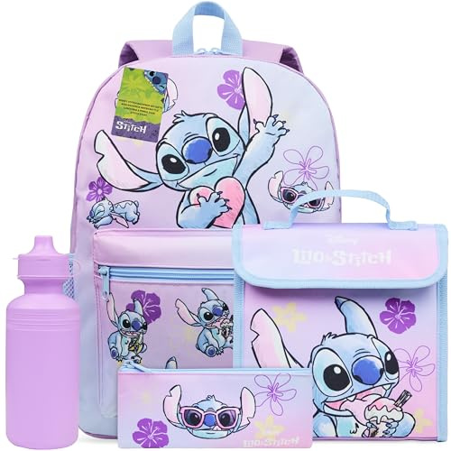 Disney Stitch Mochila Escolar Niña Adolescente Chica con Estuche Infantil Botella de Agua y Bolsa de Almuerzo Set de Material Escolar 4 Pzs