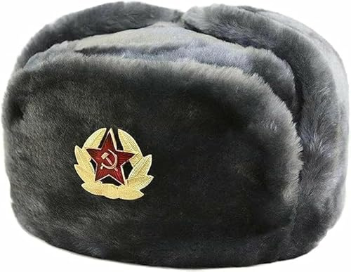 Chapeau de trappeur russe pour homme - Chapeau chaud d'hiver avec badge soviétique unisexe en fausse fourrure - Chapeau d'hiver unisexe, gris, Taille unique