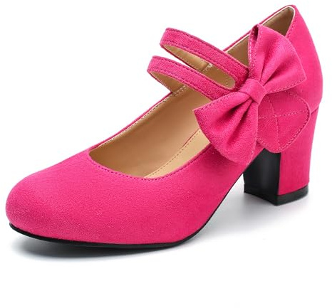 fereshte Mary Jane Damen-Pumps mit Schleife, runder Zehenbereich, klobiger Absatz, seitliche Schleife, Kleid, Pinkes Wildleder, 38.5 EU