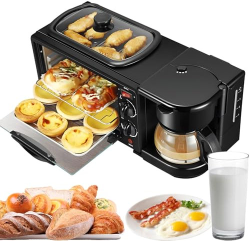 Macchina per la colazione multifunzione 3 in 1, stazione per la colazione con mini tostapane, forno elettrico, macchina per il caffè, padella e macchina per sandwich all'uovo, controllo indipendente(B