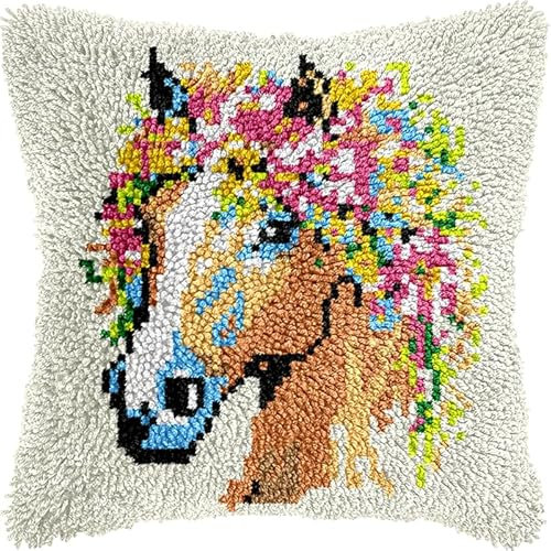 WallustrioaW knüpfteppiche & knüpfkissen Kissenbezug Blumen Tiere Pferd,Choices Knüpfteppich Zum Selber Knüpf-Sets mit Kissen knüpfen-Set,43x43cm