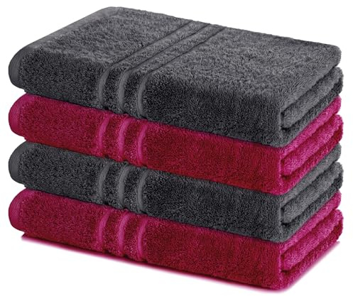 Lavea® 4er Set Duschtuch 70x140 cm, Anthrazit & Bordeaux | 100% Baumwolle – Badetücher Set in weicher Frottee-Qualität, saugstarkes Duschhandtuch für Badezimmer, Frottierserie Elena