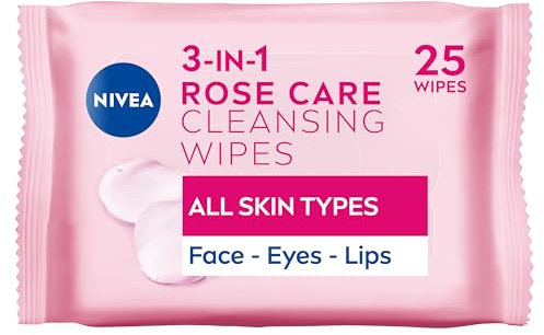 NIVEA 3in1 Rose Care Cleansing Wipes (2x25 Wipes), Plant-Based Makeup Remover Wipes, Face Wipes with Organic Rose Water, Gentle yet Effective Makeup Removal