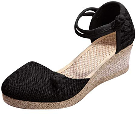 Sandalen Damen Elegant Keilabsatz Espadrilles Sandaletten Geschlossen Riemchensandalen Knöchelriemen High Heels Lenien Sommer Absatzschuhe Leicht Atmungsaktiv Sommerschuhe Boho Damenschuhe