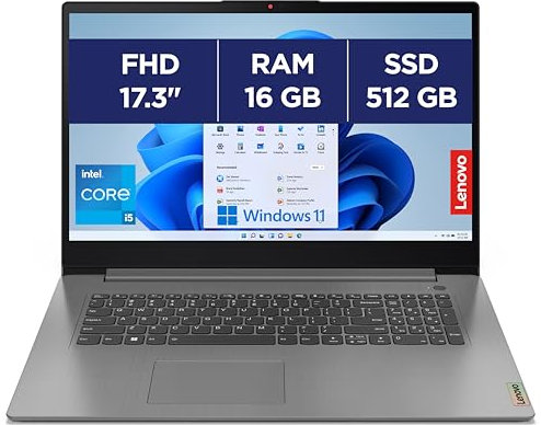 Lenovo IdeaPad 3 17IRU7 - Ordinateur Portable 17.3'' FHD (Intel Core i5-1335U, RAM 16Go, SSD 512Go, Intel Iris XE Graphics, Windows 11 Home) Clavier AZERTY Français - Gris