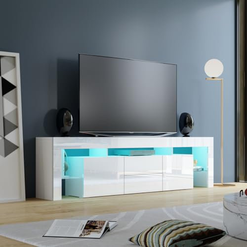 Meuble TV LED moderne, 200 cm, blanc brillant avec 2 tiroirs et 2 portes, meuble élégant pour chambre à coucher et salon