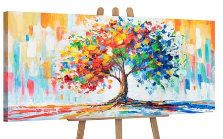YS-Art Dipinto Originale Fatto a Mano | Albero Colorato Astratto su Tela Acrilica | Arte Moderna della Natura per Soggiorno e Ufficio 115x50 cm
