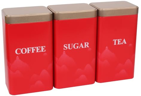 Pykrudo 1100ml Tea Coffee Sugar Canisters, 3 Piece of Red Metal Square Food Storage Tin with Lids, Dry Food Storage Containers for Tea Coffee & Sugar