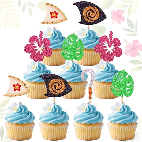30 PCS hawaii cupcake toppers décoration de fête d'anniversaire crochets pour voiles de bateau fleurs hawaïennes feuilles pour fête d'été tropical luau baby
